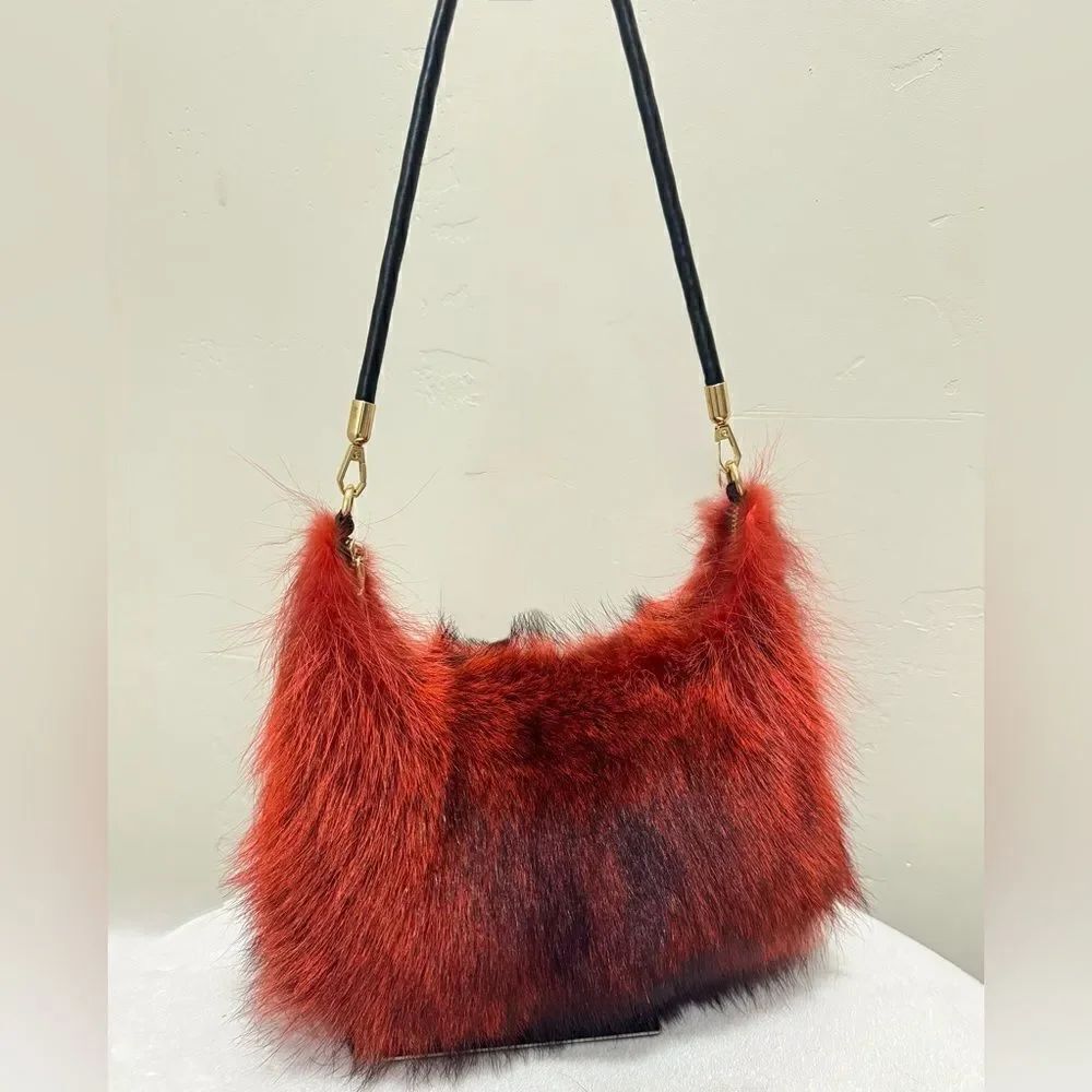 Burnt Orange Real Raccoo Fur Slouchy Bag/Hobo Bag/ Crossbody/Multi Use Style